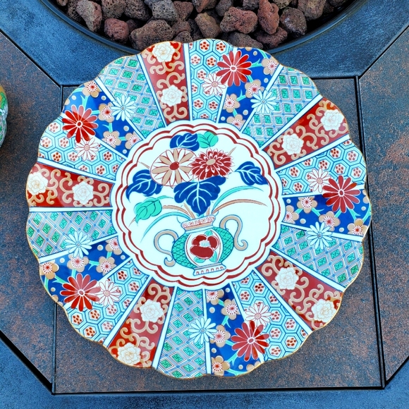 Arita Imari Fan Design Chip and Dip Set / Scalloped Tray & Bowl / Mid Century - Picture 3 of 6